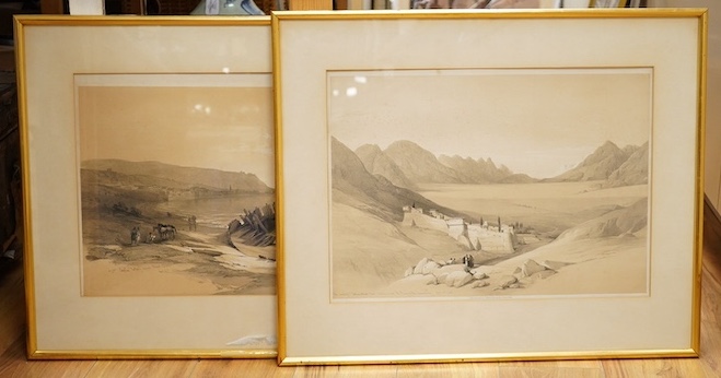 After David Roberts RA (Scottish, 1796-1864), two lithographs comprising: ‘The Convent of St Catherine Mount Sinai’ and ‘Caiaphas looking towards Mount Carmel’, one published London by F G Moon, 1st November 1844, 36 x 5